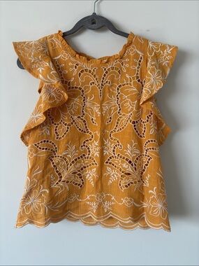 Anthropologie Embroidered Mustard Ruffle Sleeve Women's Top